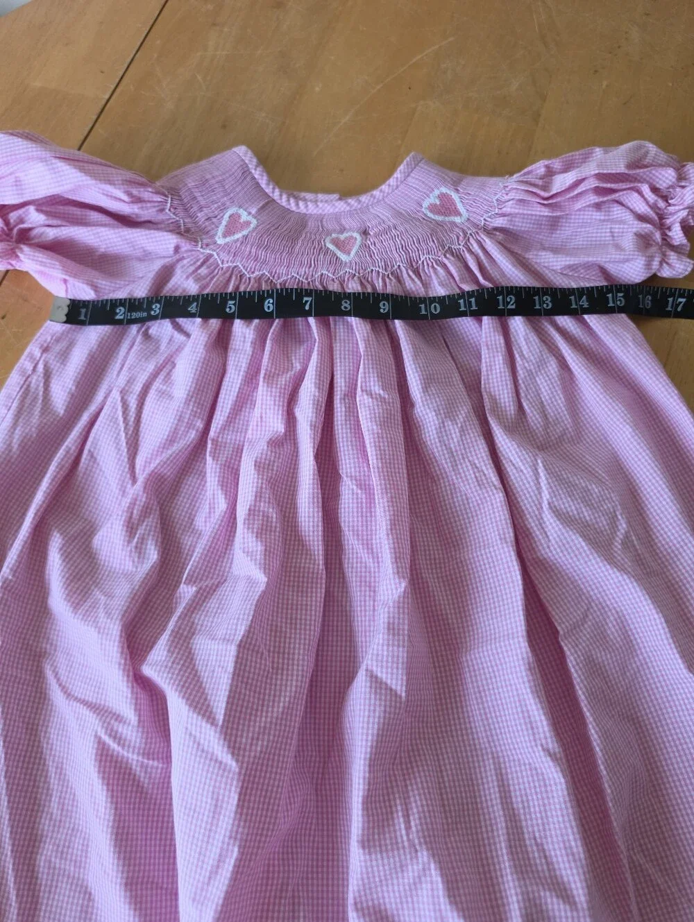 DELANEY Girls Size 6 Pink Gingham Smocked Bishop Dress Heart Embroidery Boutique